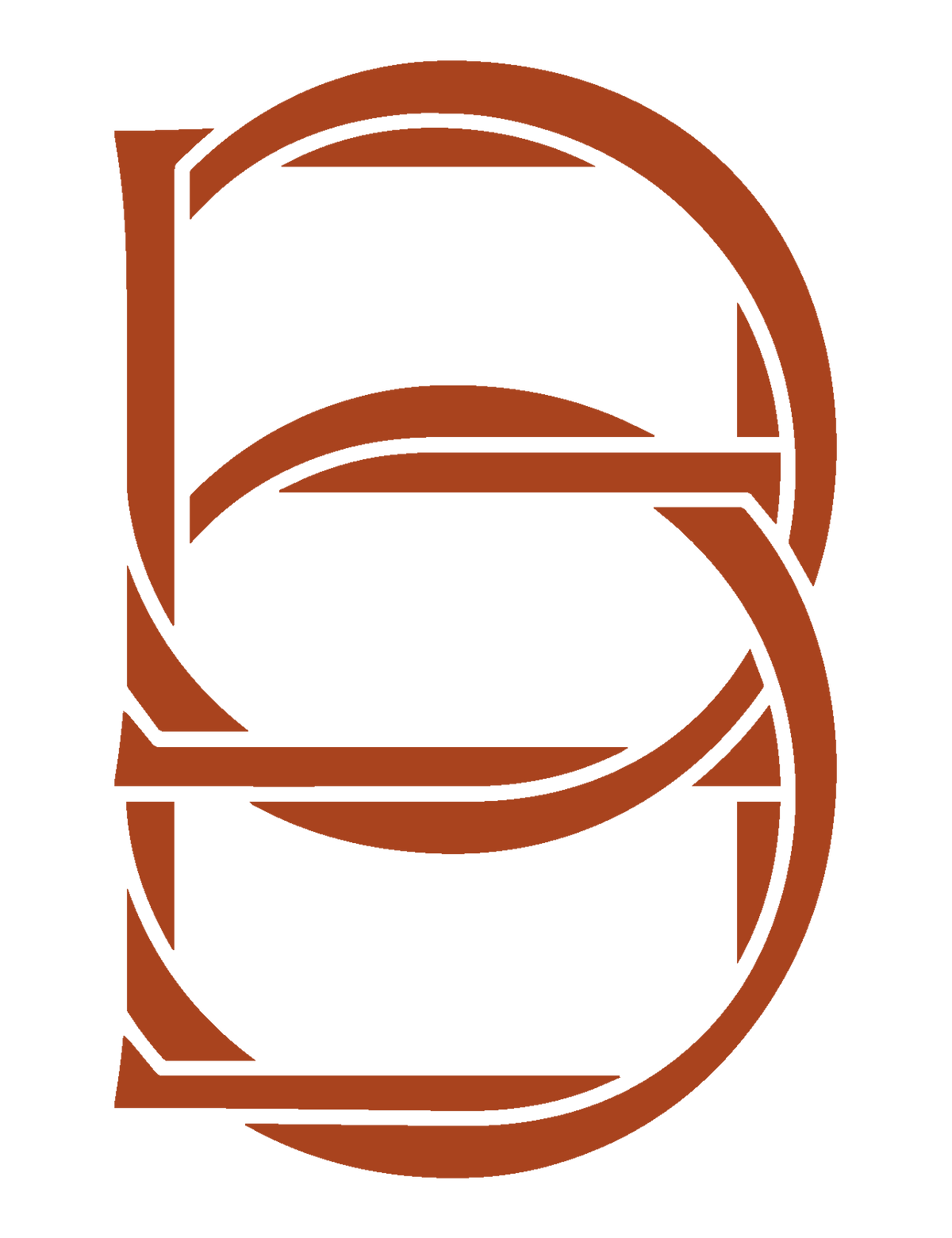A stylized monogram letter B in a warm rust-brown color, centered on a solid white background.
