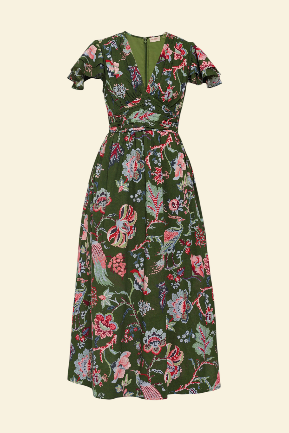 Front view of the Adele dress in Chintz print moss color. It features a V-neck, pleat details across the bust, and delicate flutter sleeves.
