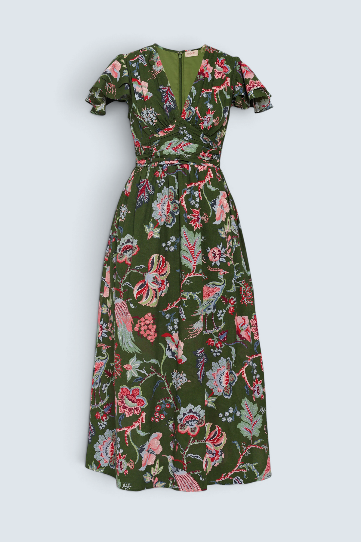 Front view of the Adele dress in Chintz print moss color. It features a V-neck, pleat details across the bust, and delicate flutter sleeves.